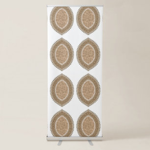 A rectangular rug with an intricate geometric moti retractable banner