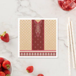 a red and beige carpet with a red border napkin