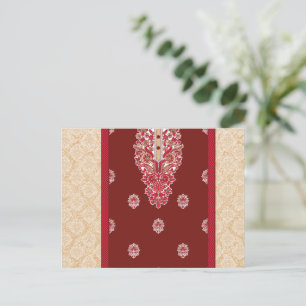 a red and beige carpet with a red border postcard