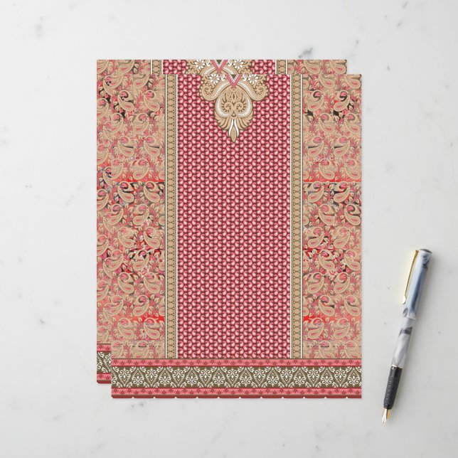 a red and beige rug with a gold border (Front/Back In Situ)