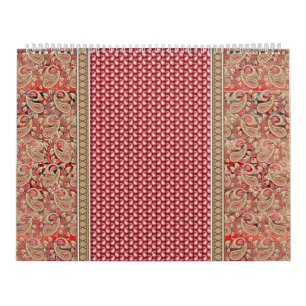 a red and beige rug with a gold border calendar
