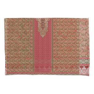 a red and beige rug with a gold border pillowcase
