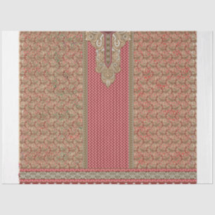 a red and beige rug with a gold border tissue paper
