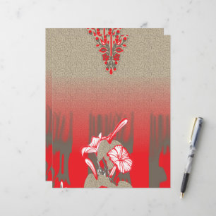a red and beige scarf with a picture of a woman ho