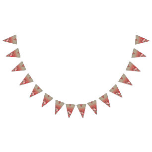 a red and beige scarf with a picture of a woman ho bunting