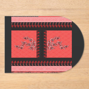 a red and black pattern with flowers on it acrylic invitations