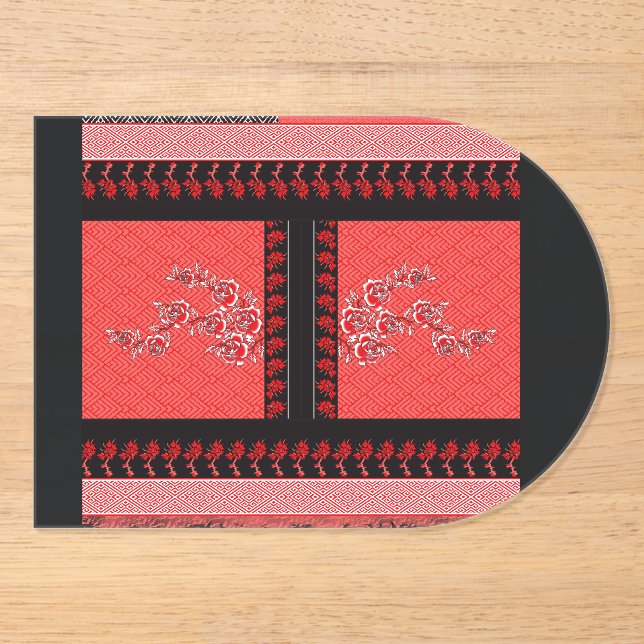 a red and black pattern with flowers on it acrylic invitations (Front)