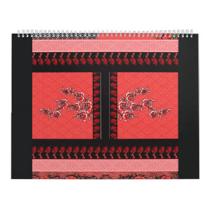 a red and black pattern with flowers on it calendar