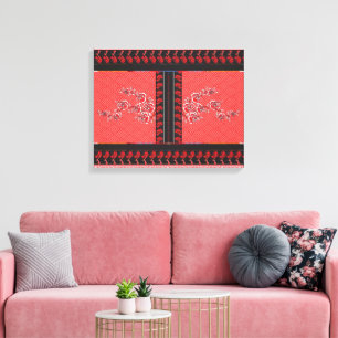 a red and black pattern with flowers on it canvas print