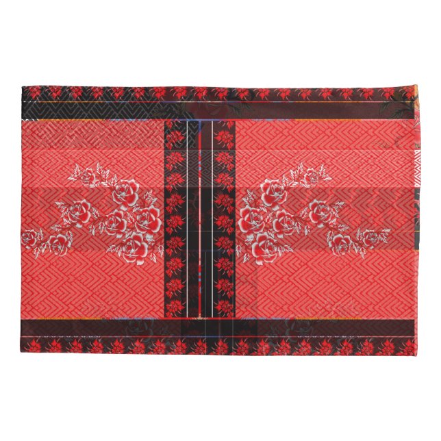 a red and black pattern with flowers on it pillowcase (Back)
