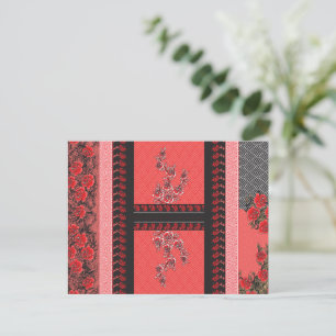 a red and black pattern with flowers on it postcard