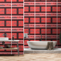a red and black pattern with flowers on it