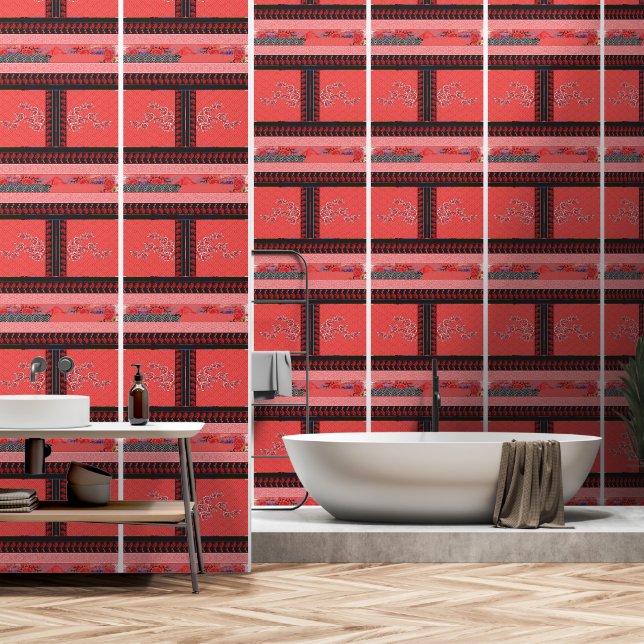 a red and black pattern with flowers on it wallpaper (Bathroom)