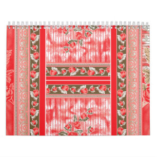 A red and black scarf embellished with a lovely fl calendar