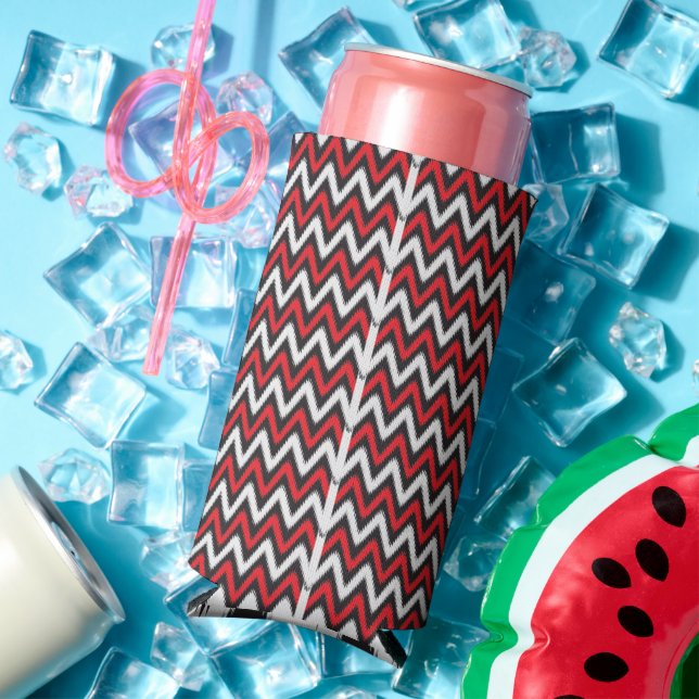 a red and black zigzag pattern on a white backgrou seltzer can cooler (In Situ Summer)