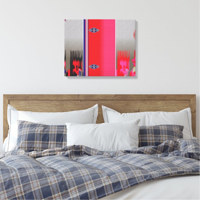 A red and blue scarf featuring a decorative patter canvas print (Insitu(Bedroom))