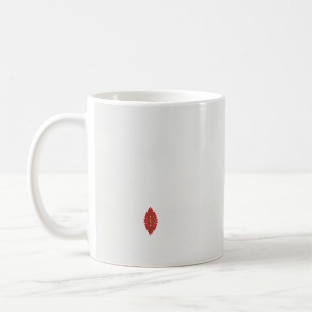 a red and brown design on a white background coffee mug (Left)