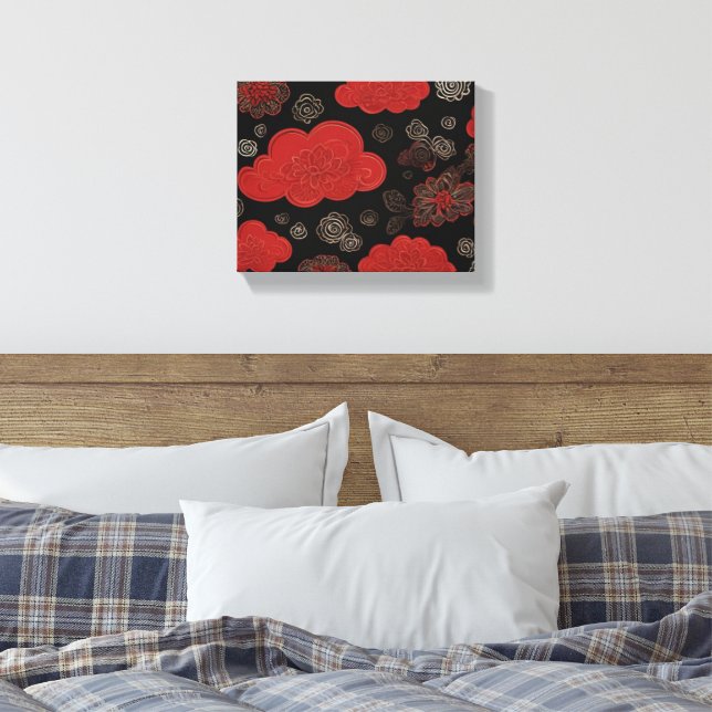 a red and gold flowers on a black background canvas print (Insitu(Bedroom))