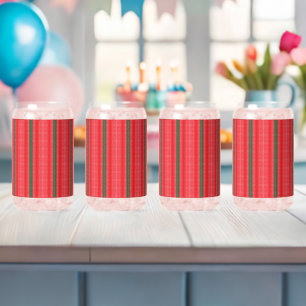 a red and green striped background can glass