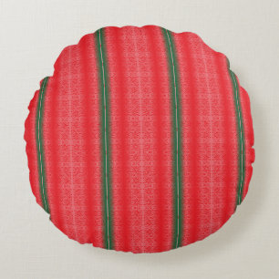 a red and green striped background round cushion