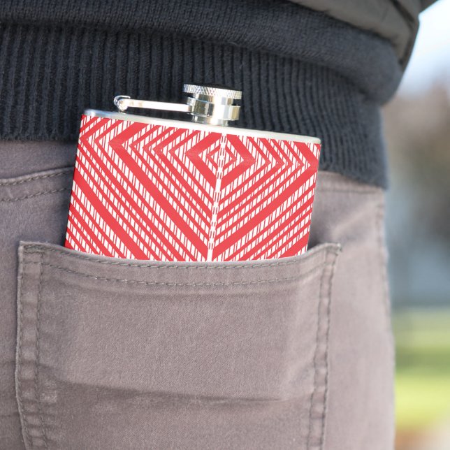 a red and white background with a diamond pattern hip flask (In Situ)