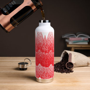 a red and white background with a lot of dots water bottle