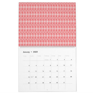 a red and white background with a pattern calendar