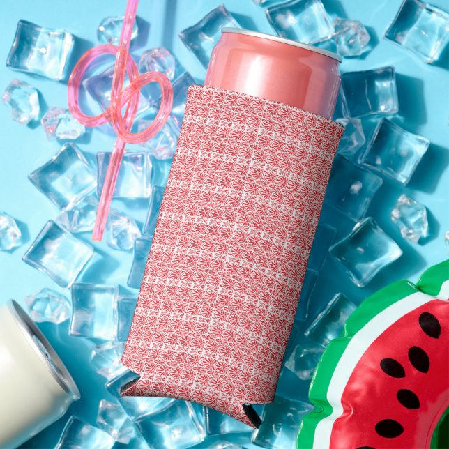 a red and white background with a pattern seltzer can cooler (In Situ Summer)
