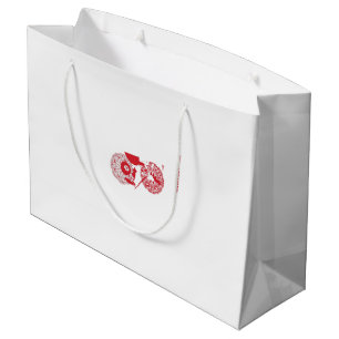 a red and white drawing of a flower large gift bag