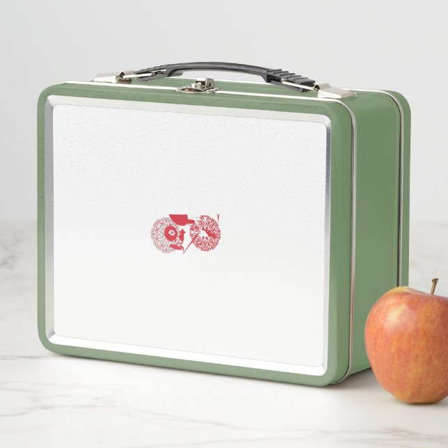 a red and white drawing of a flower metal lunch box (In Situ)
