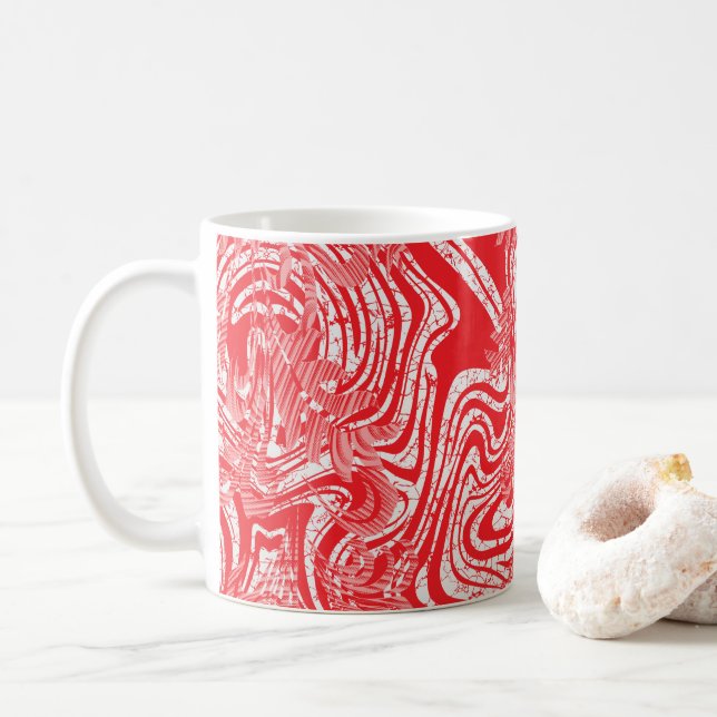 a red and white image of a pattern on a white back coffee mug (With Donut)