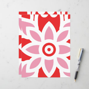 a red and white pattern with a flower on it