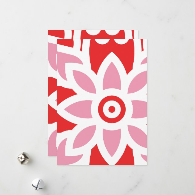 a red and white pattern with a flower on it holiday card (Front/Back In Situ)