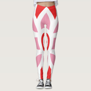a red and white pattern with a flower on it leggings