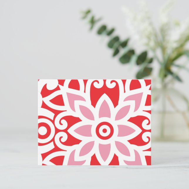 a red and white pattern with a flower on it postcard (Standing Front)