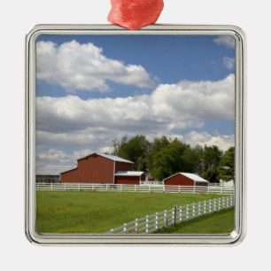 A red barn and farm at Pamona, Kansas. Metal Tree Decoration