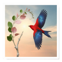 A red bird with widely spread, bright blue wings