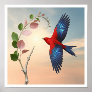 A red bird with widely spread, bright blue wings poster