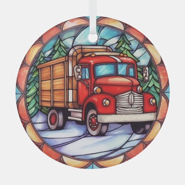 A Red Christmas Truck Stained Glass Tree Decoration (Front)