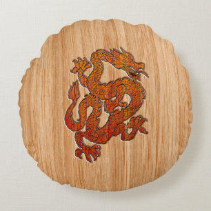 A red Dragon on Bamboo like Round Cushion