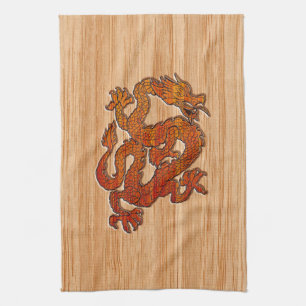 A red Dragon on Bamboo like Tea Towel