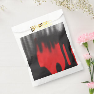 A red graphic design featuring bold geometric shap favour bags