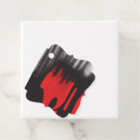 A red graphic design featuring bold geometric shap