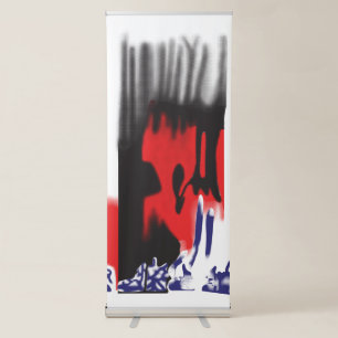 A red graphic design featuring bold geometric shap retractable banner