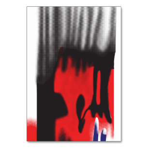 A red graphic design featuring bold geometric shap table number