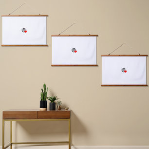 A red heart symbol created with smooth, bold lines hanging tapestry