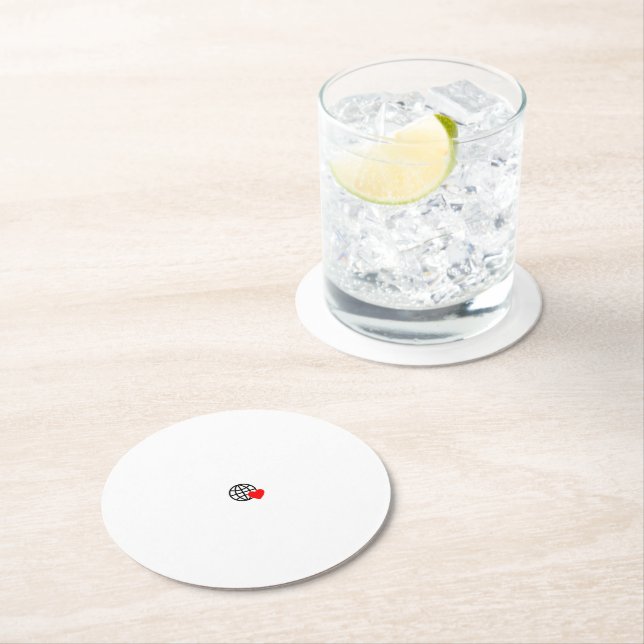 A red heart symbol created with smooth, bold lines round paper coaster (Insitu)