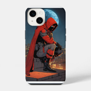 A red hooded figure crouches low on a moonlit roof iPhone 14 case