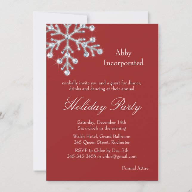 A Red Offset Crystal Snowflake Holiday Invitation (Front)