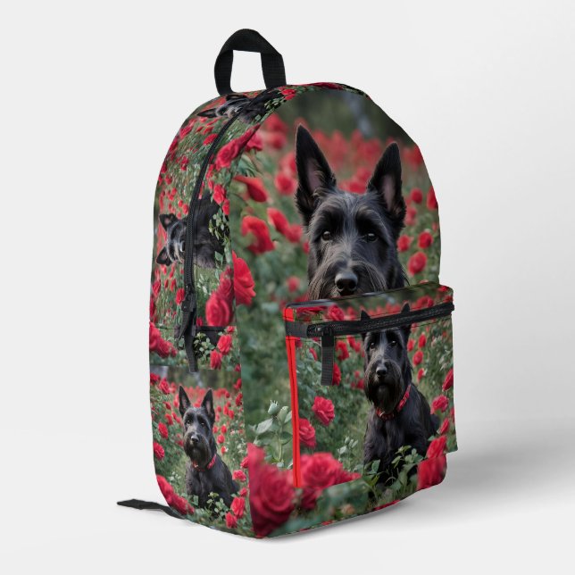 "A Red Rose for the Black Scottish Terrier" Printed Backpack (Back Corner Left)